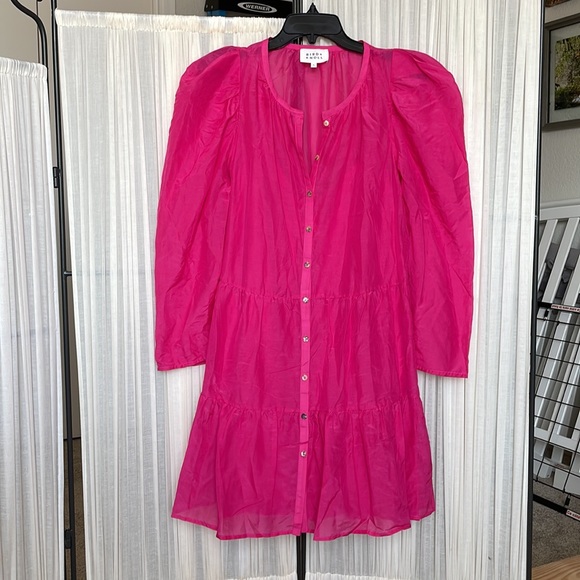 Bird & Knoll Pink Milou Silk Mandarin-Collar Tiered Mini Dress Sz L - Picture 3 of 6